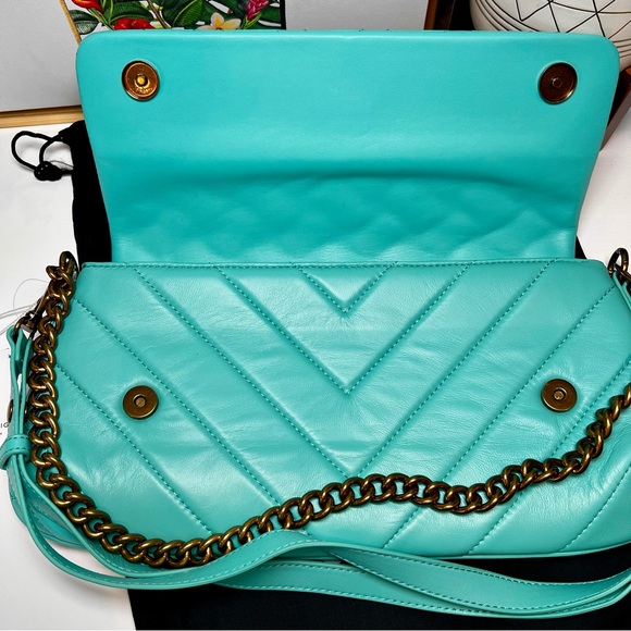 Kurt Geiger Long Kensington Quilted Leather Shoulder Bag Turquoise NWT - Picture 11 of 14